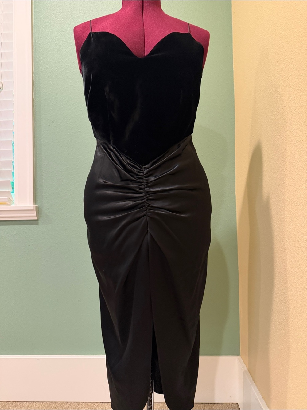 Black Ruched Slip Midi Dress with Front Slit